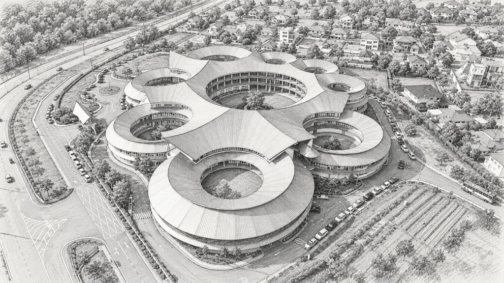 Aerial architectural drawing of the MAHANS campus, with the circular wings, courtyards, roads, and surrounding houses.
