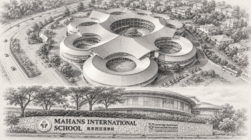 Architectural drawing of MAHANS International School, with the circular campus, the stone entrance wall, the school crest, and the Cambridge mark.